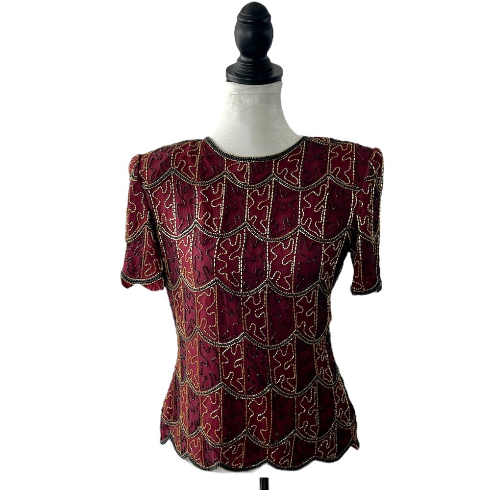 Vintage Stenay Dark Red Silk Beaded Top PS
